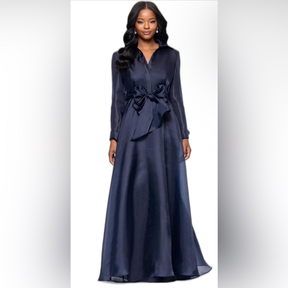Betsy & Adam Navy Long Sleeve Satin Maxi Dress with Waist Bow